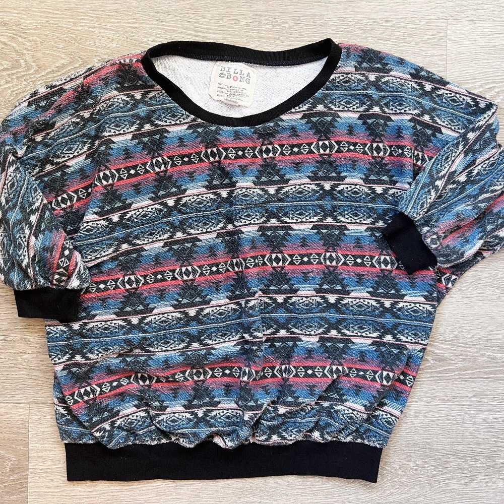 Billabong Aztec Print 3/4 Sleeve Slouchy Crewneck Sweater, Large